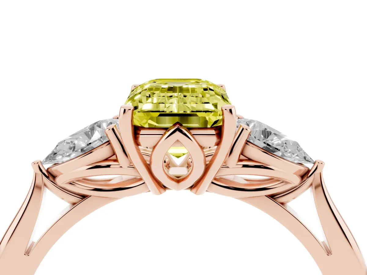 Fancy Yellow Emerald Cut Diamond Three-Stone Ring with Pear Side Stones and Prong Setting Rose gold
