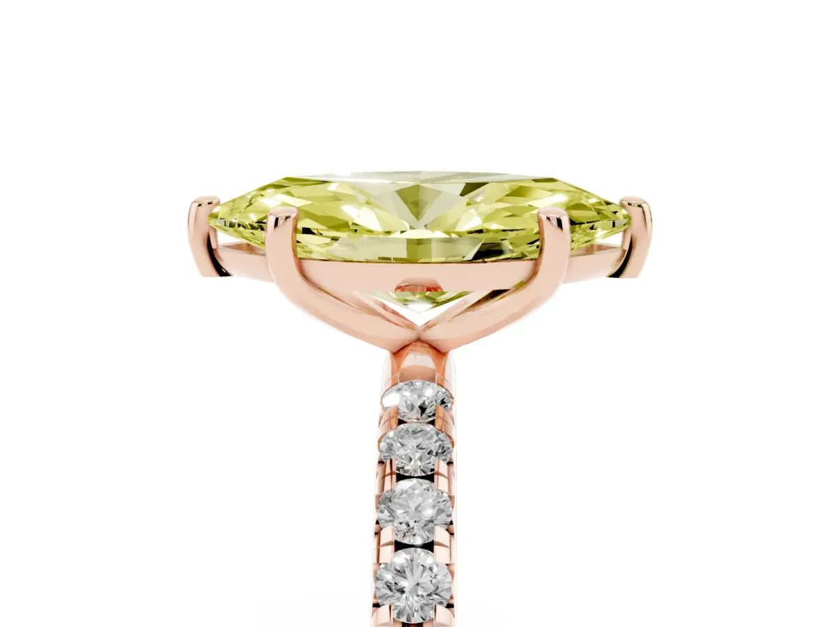 Fancy Yellow Marquise Cut Cut Diamond Solitaire Ring with Micro Pave Band and Four Prong Setting Rose gold