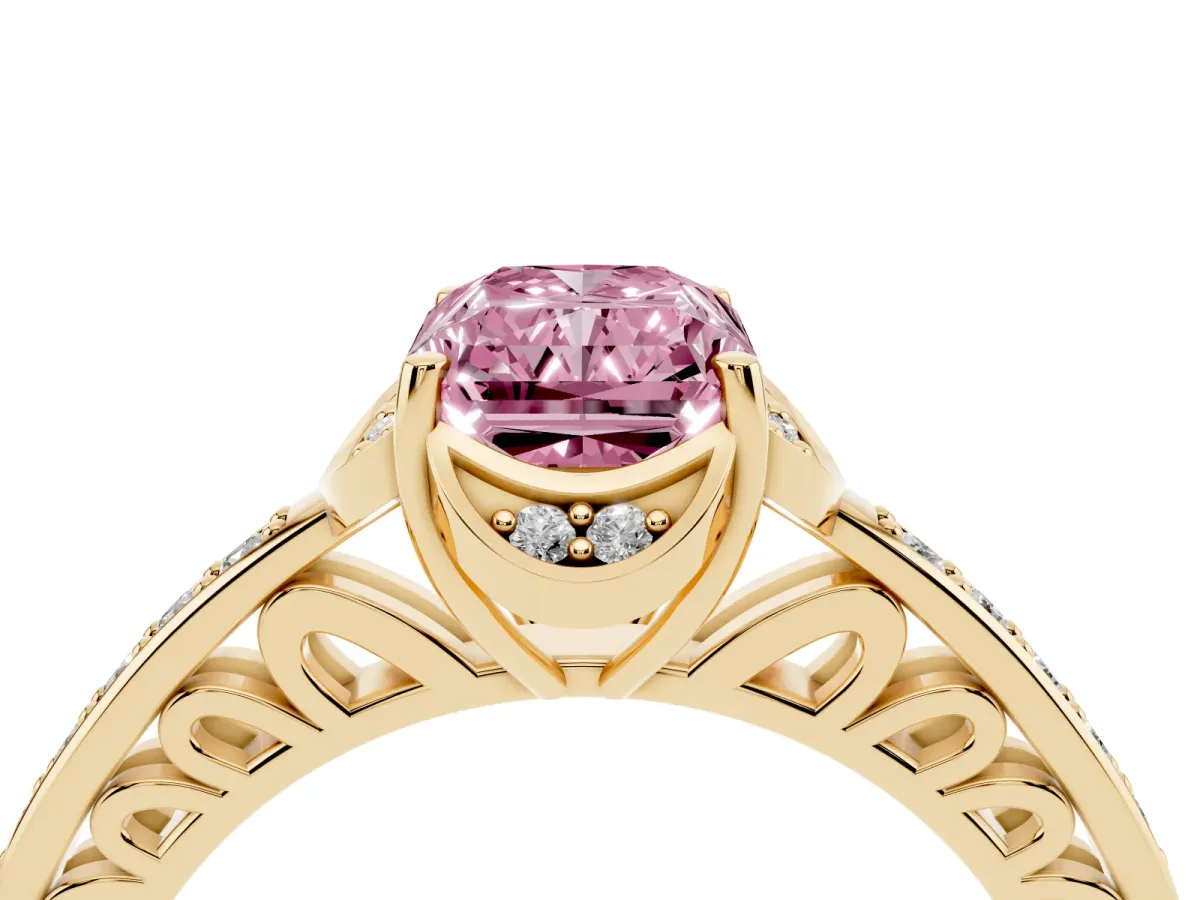 Fancy Pink Radiant Cut Cut Halo Diamond Ring with Channel Set Band and Four-Prong Setting Yellow gold
