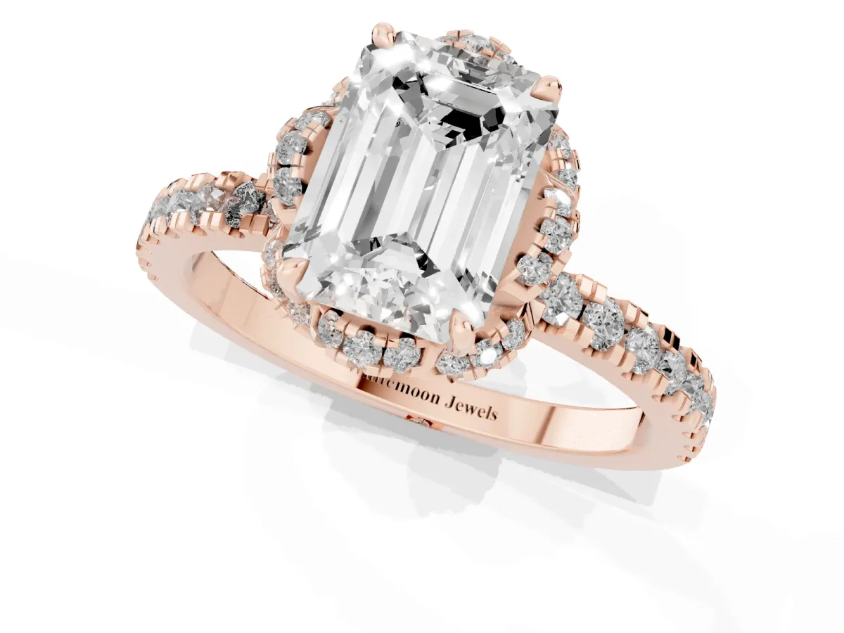 Emerald Cut Halo Diamond Pave Band Ring with Four-Prong Setting Rose gold