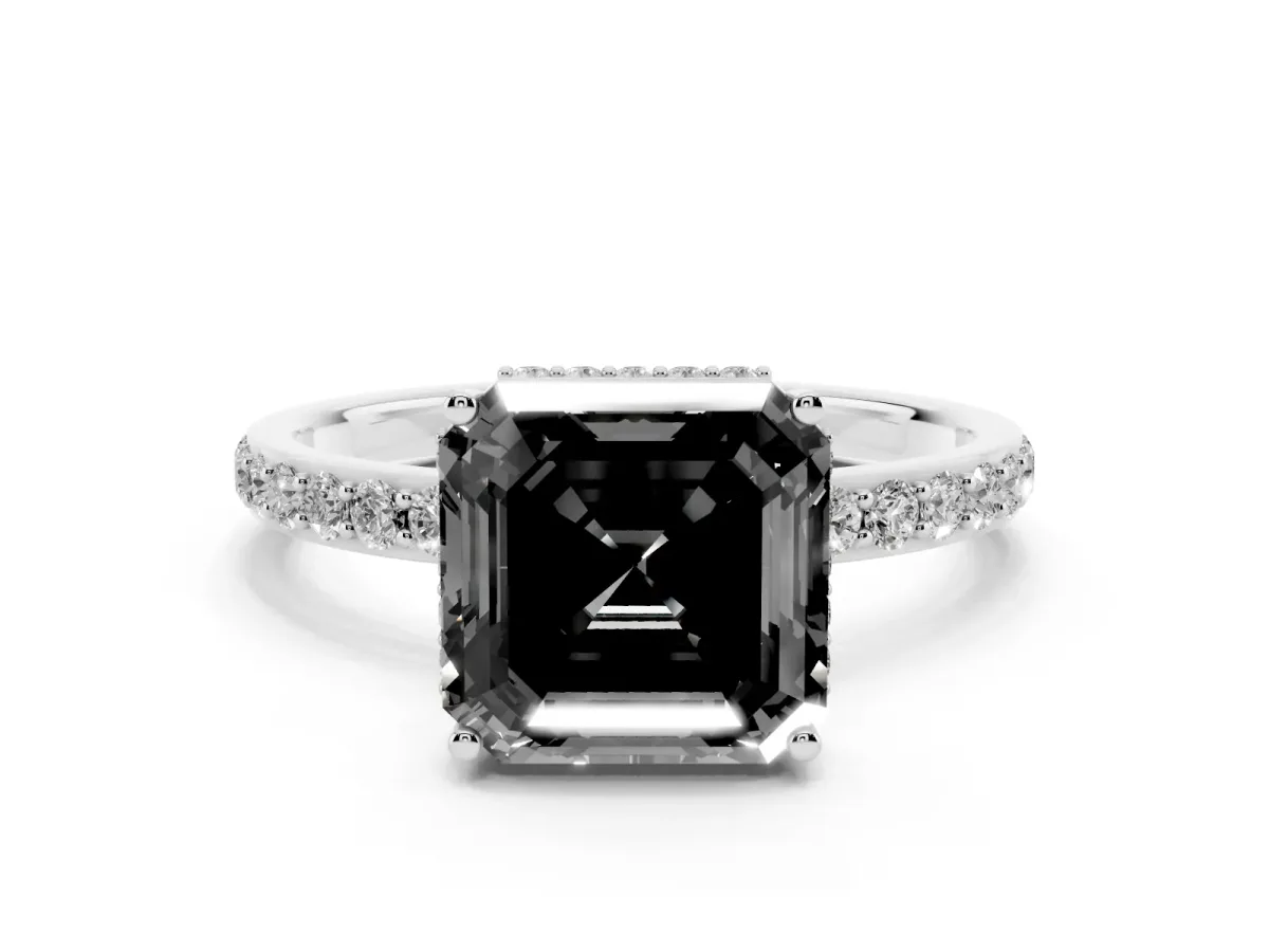 Fancy Black Asscher Cut Diamond Solitaire Ring with Pavé Band and Hidden Halo Silver