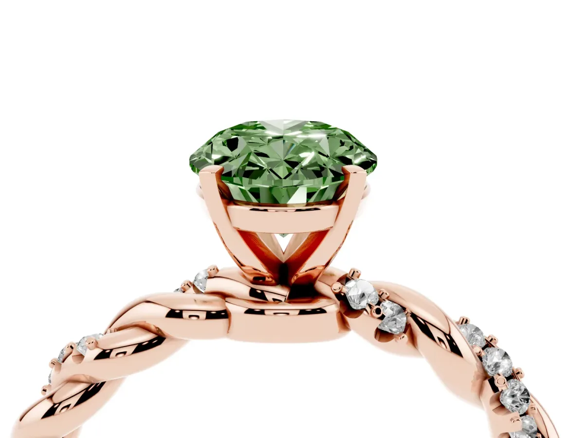 Fancy Green Oval Cut Diamond Solitaire Ring with Twisted Band and Pavé Accents Rose gold
