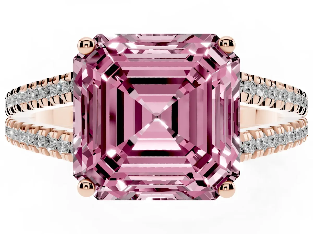 Fancy Pink Asscher Cut Diamond Solitaire Engagement Ring with Split Shank Pavé Band Rose gold