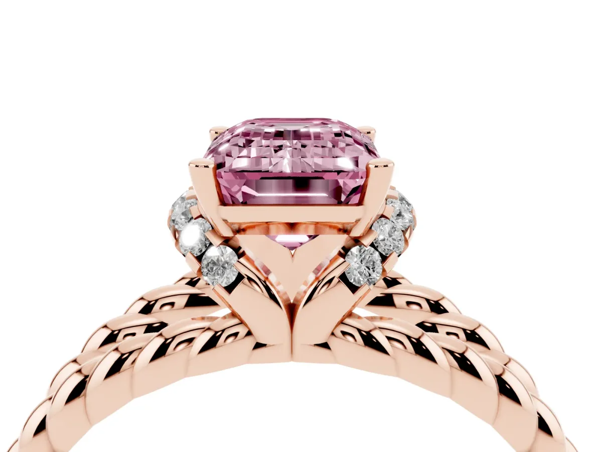 Fancy Pink Emerald Cut Halo Twisted Band Four-Prong Ring Rose gold