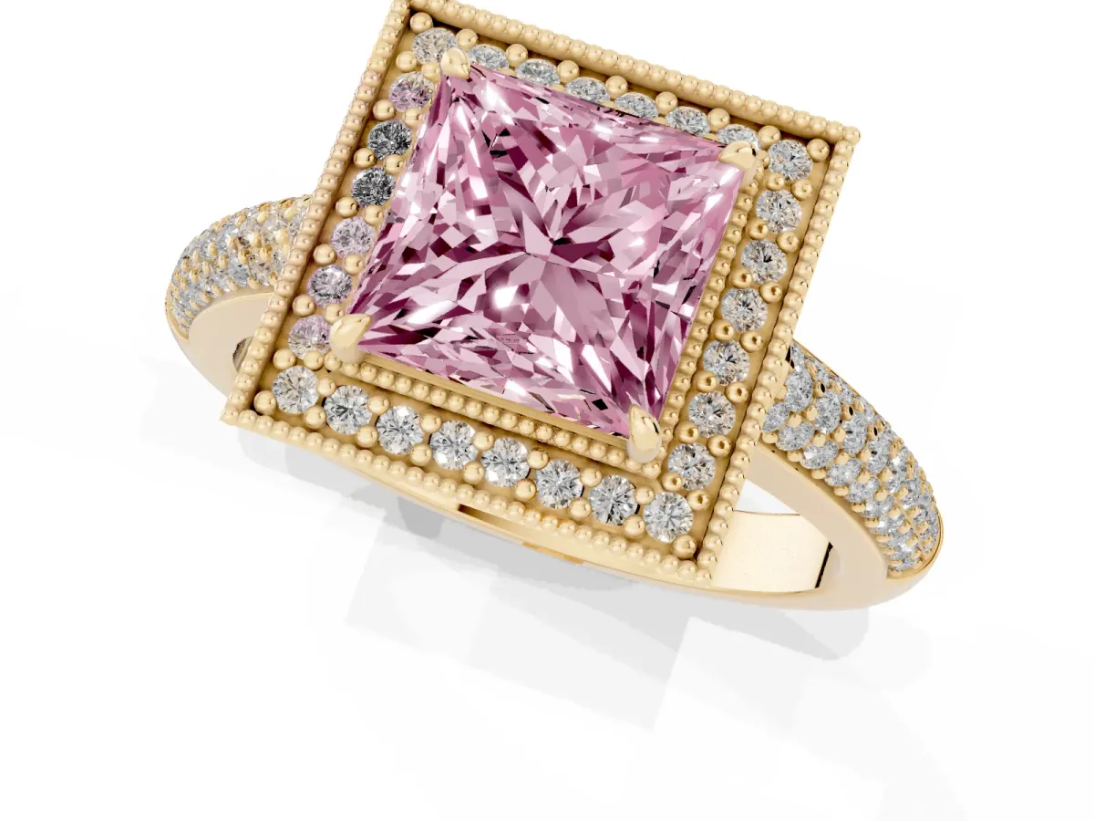Fancy Pink Princess Cut Cut Halo Diamond Pave Band with Four-Prong Setting Yellow gold