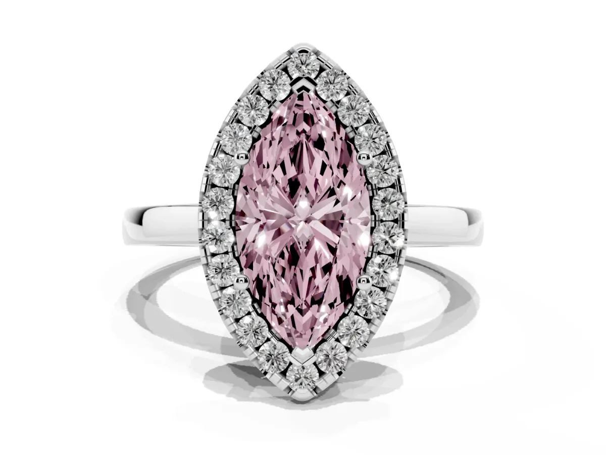Fancy Pink Marquise Cut Halo Diamond Solitaire with Pavé Band and Four-Prong Setting White gold