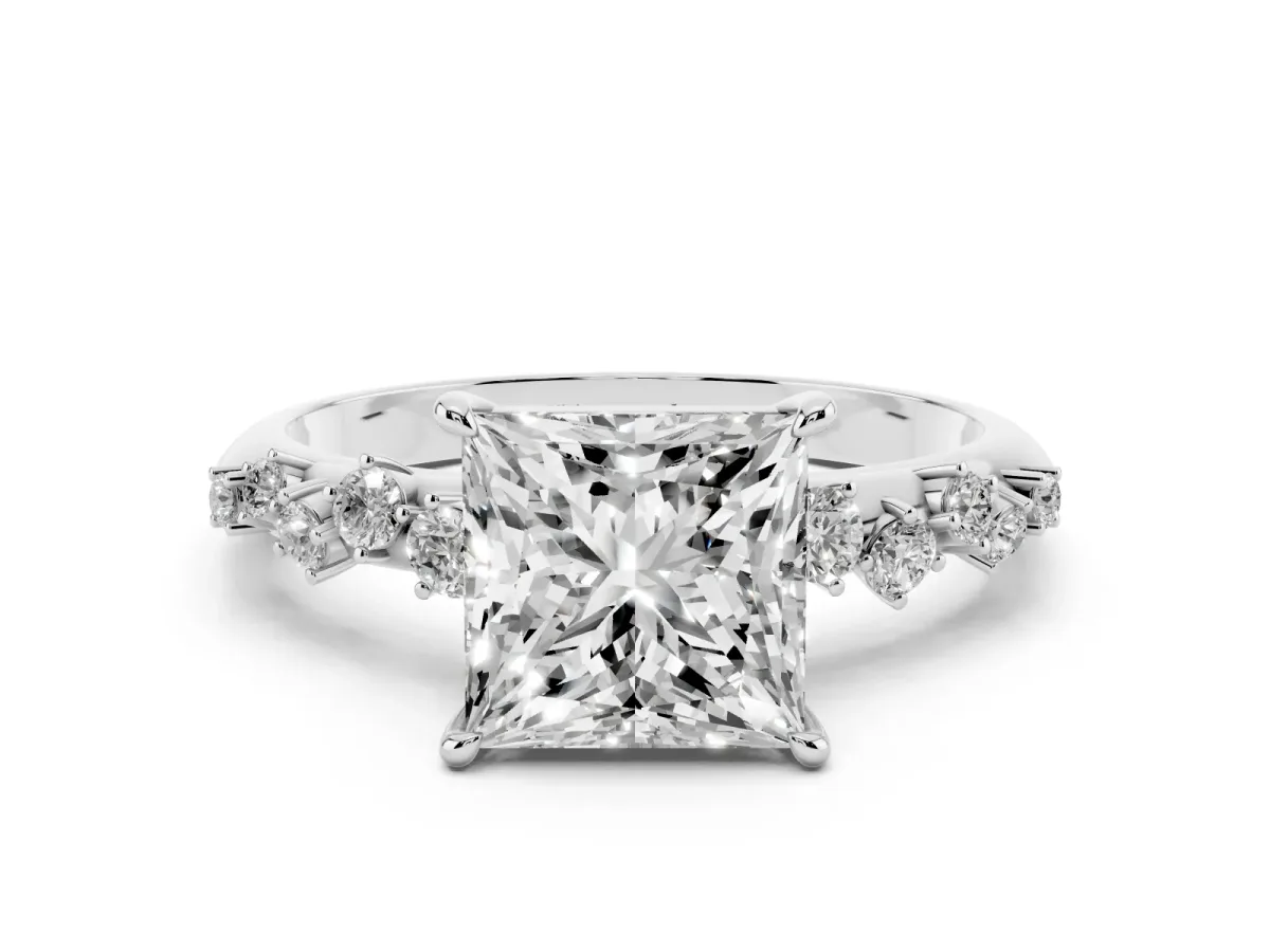 Princess Cut Diamond Cluster Side Stone Solitaire Ring with Prong Setting Silver