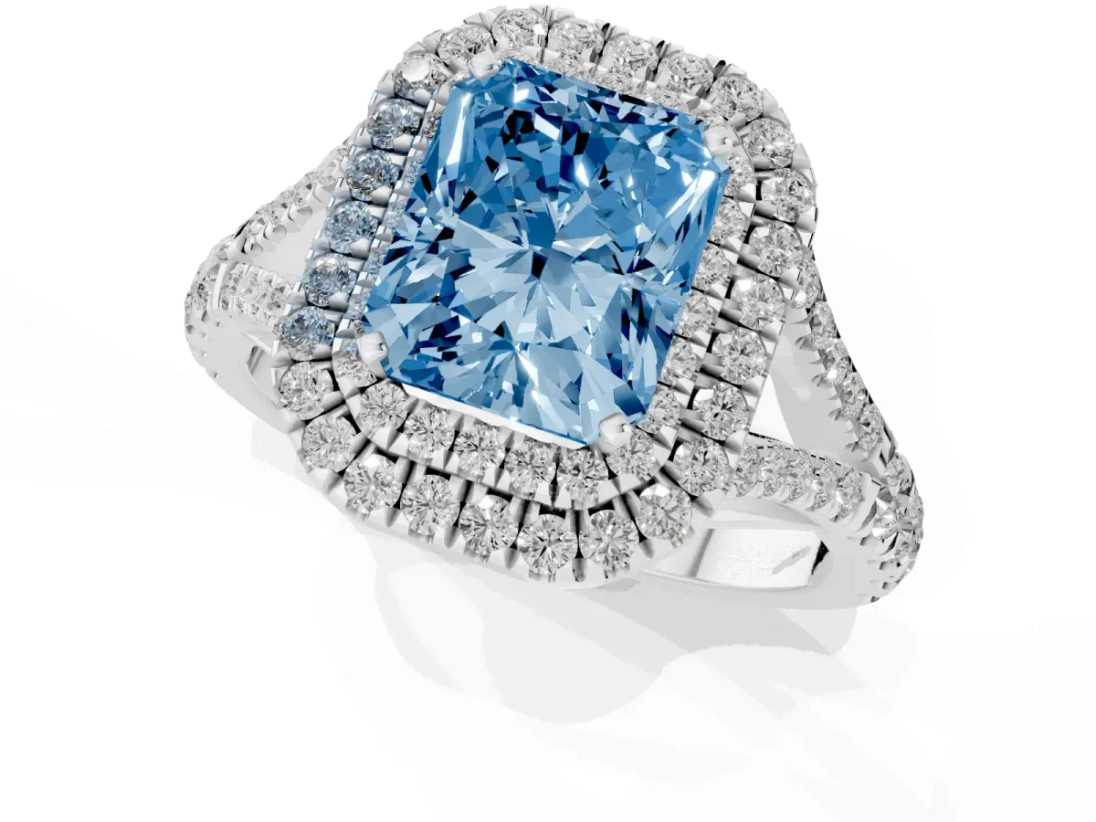 Fancy Blue Double Halo Radiant Cut Diamond Split Shank Engagement Ring with Four-Prong Setting Platinum