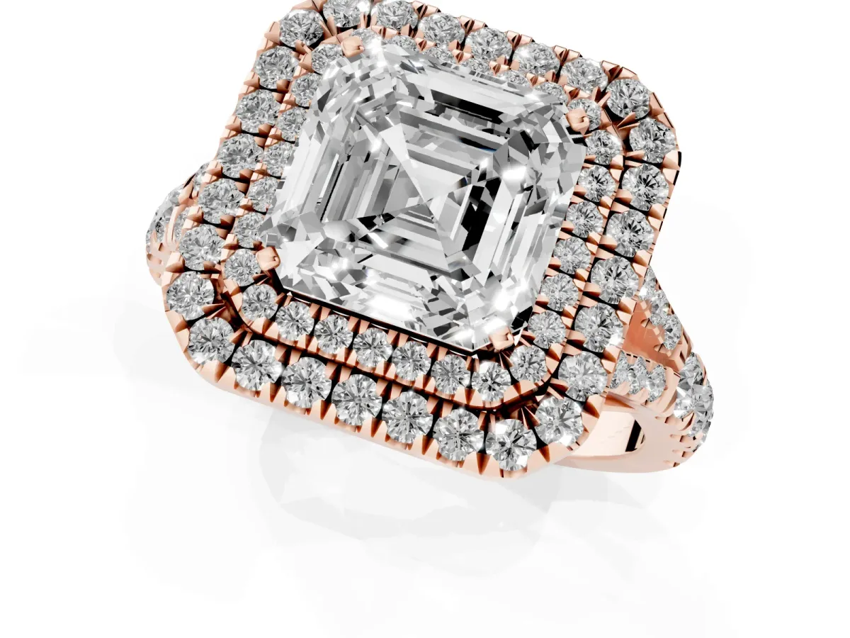Asscher Cut Cut Double Halo Split Shank Diamond Ring with Prong Setting Rose gold