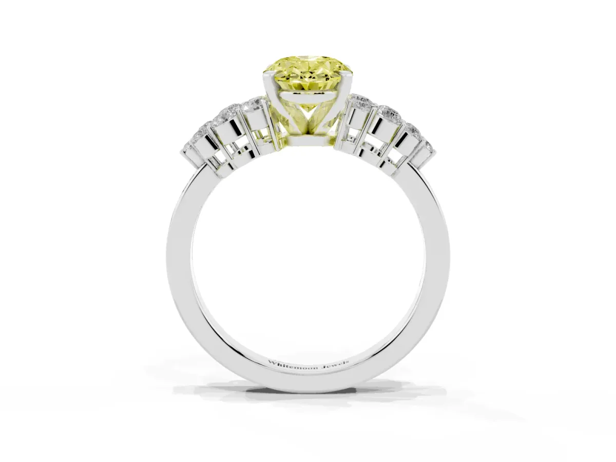 Fancy Yellow Oval Cut Cluster Diamond Engagement Ring with Pavé Band and Four-Prong Setting Platinum