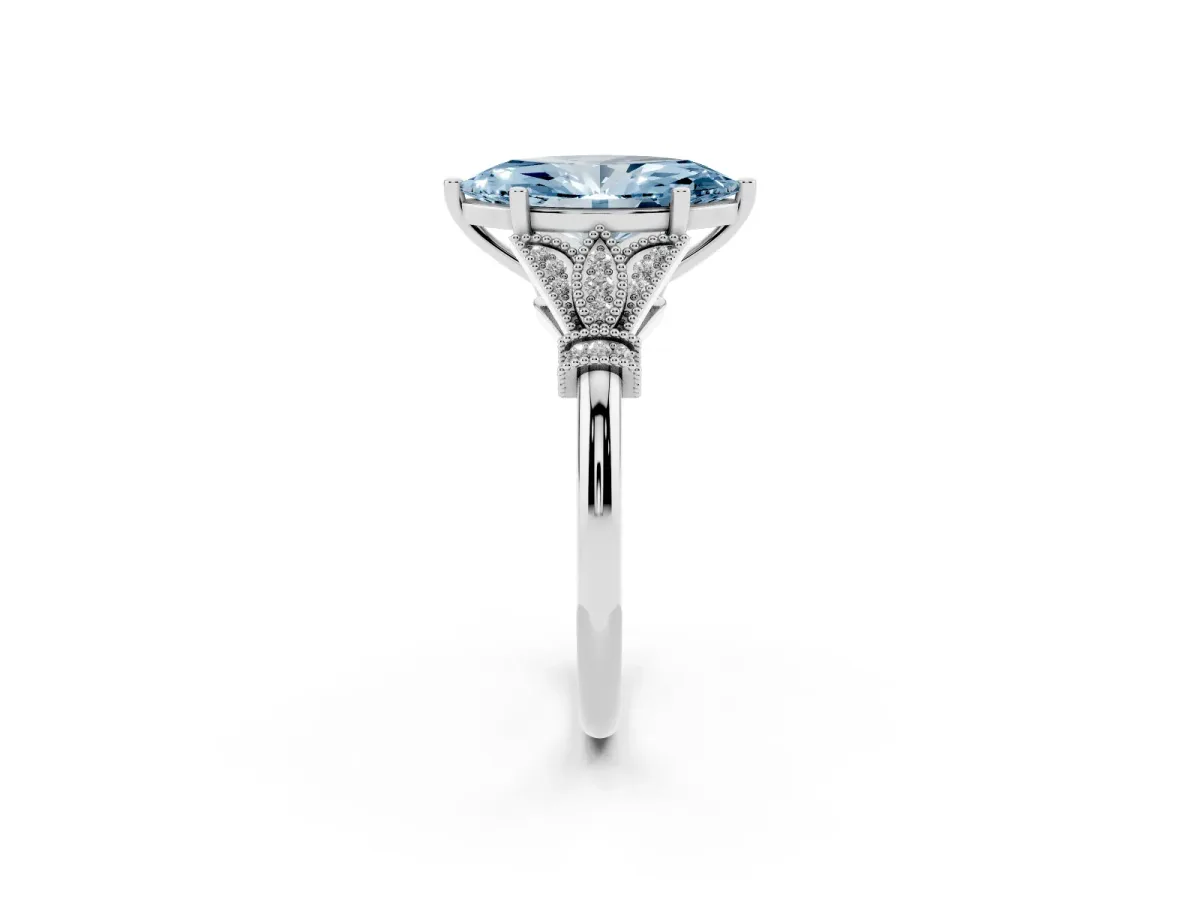 Fancy Blue Marquise Cut Diamond Solitaire Ring with Floral Filigree and Pave Accents Silver