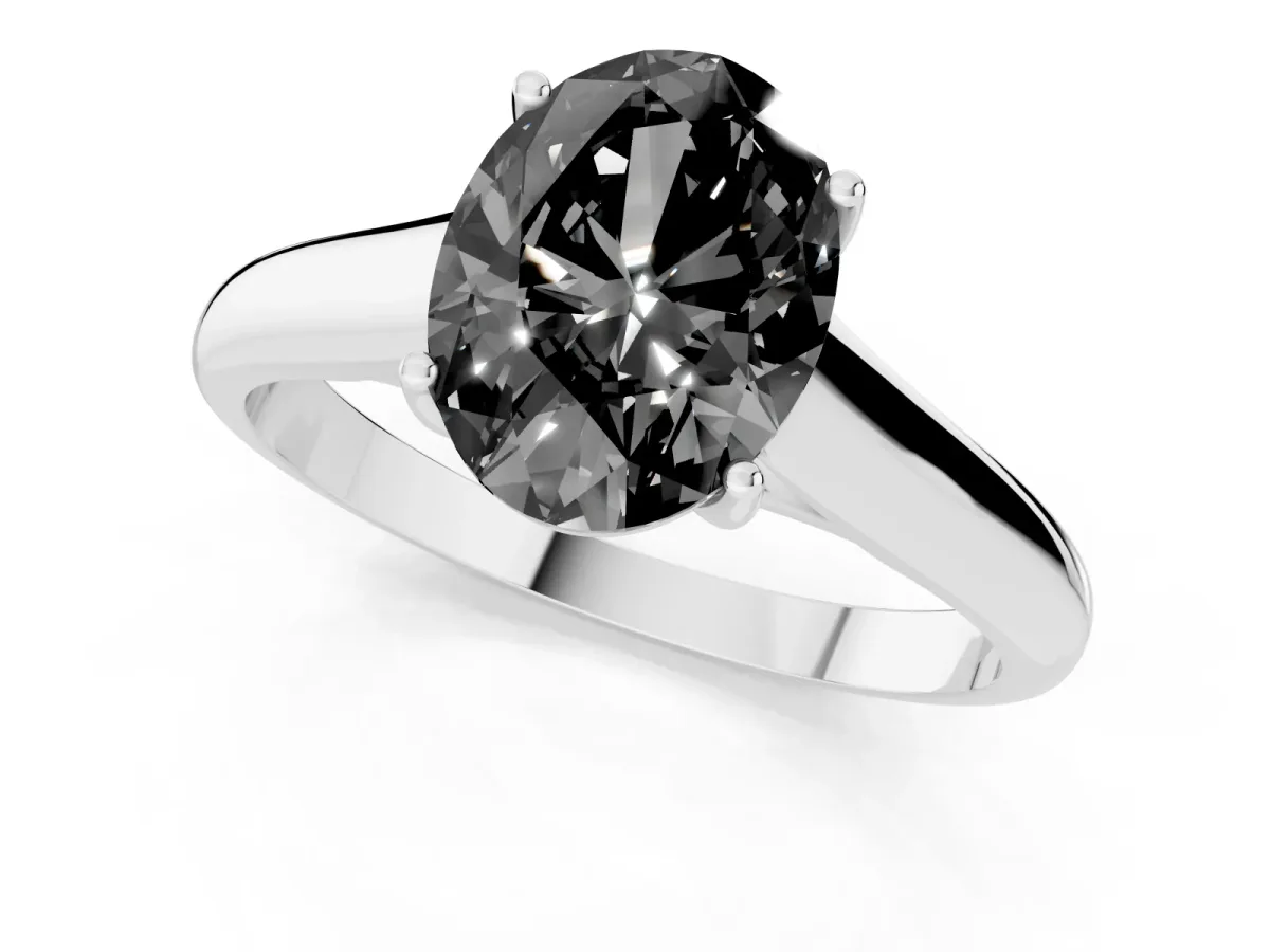 Fancy Black Oval Cut Solitaire Engagement Ring with Tapered Band and Four-Prong Setting Platinum