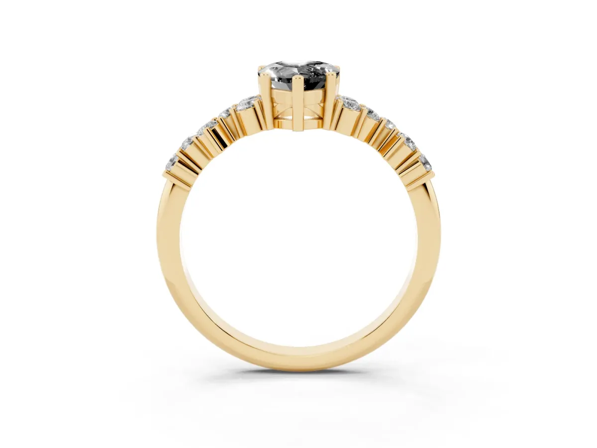 Fancy Black Pear Cut Diamond Scattered Round Accent Ring with Prong Setting Yellow gold