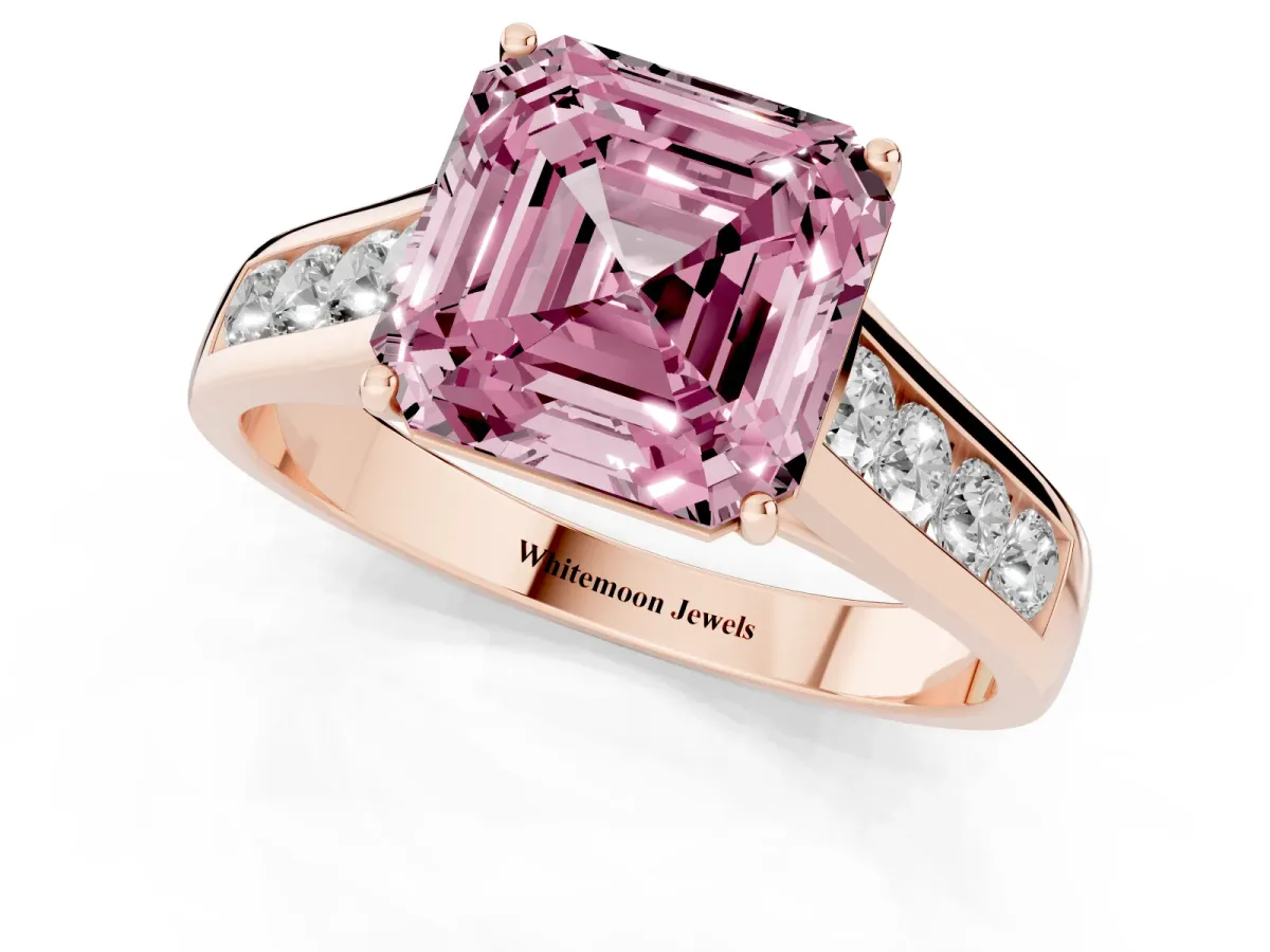 Fancy Pink Asscher Cut Solitaire Channel-Set Diamond Engagement Ring with Four-Prong Setting Rose gold