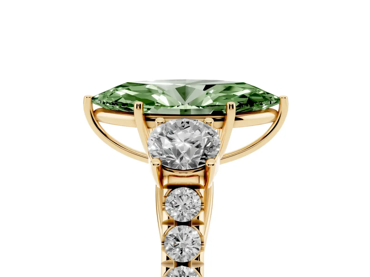 Fancy Green Marquise Cut Cut Diamond Three-Stone Ring with Round Side Stones and Pavé Band Yellow gold