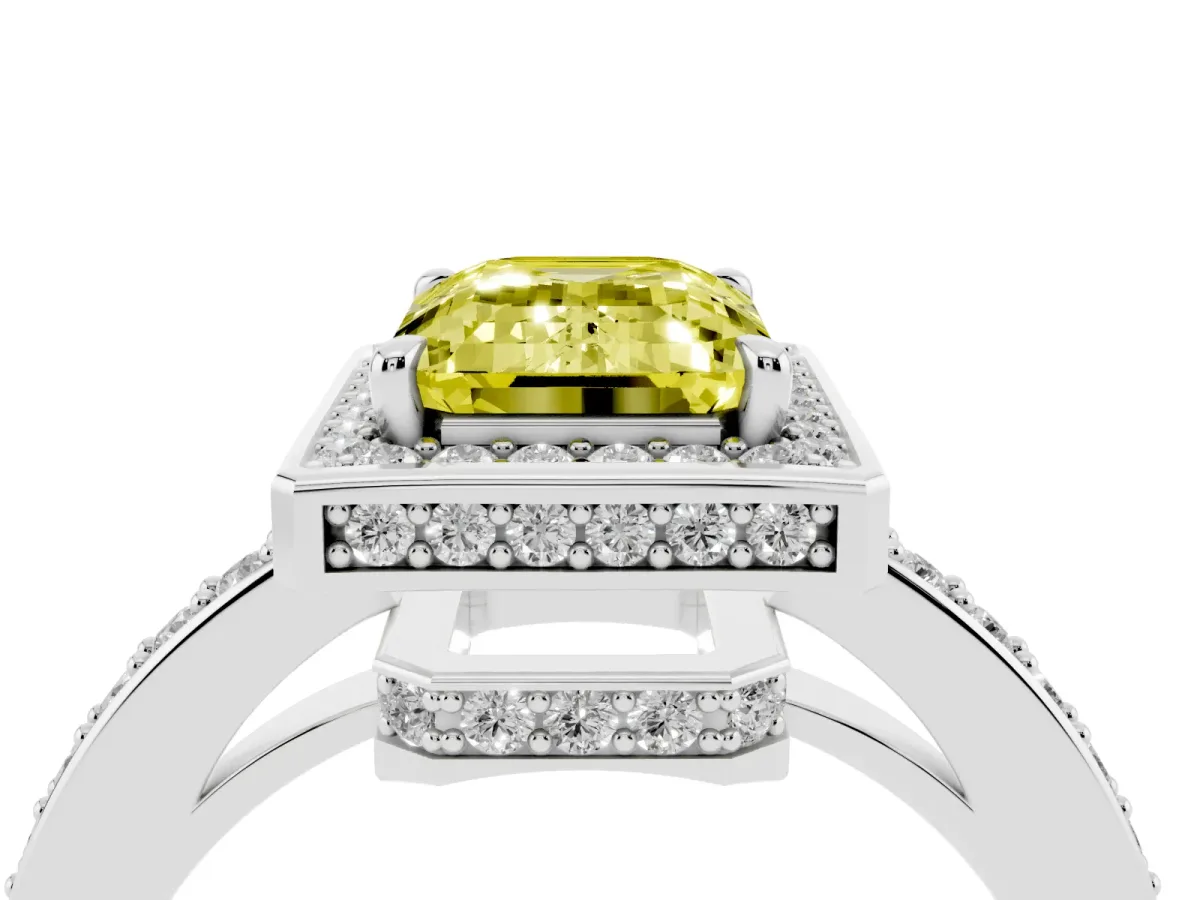 Fancy Yellow Emerald Cut Halo Pave Band Solitaire Ring with Prong Setting Silver