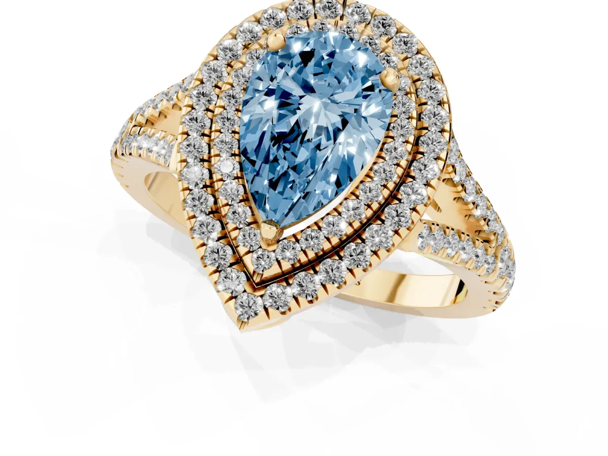 Fancy Blue Pear Cut Diamond Double Halo Ring with Pavé Band and Prong Setting Yellow gold