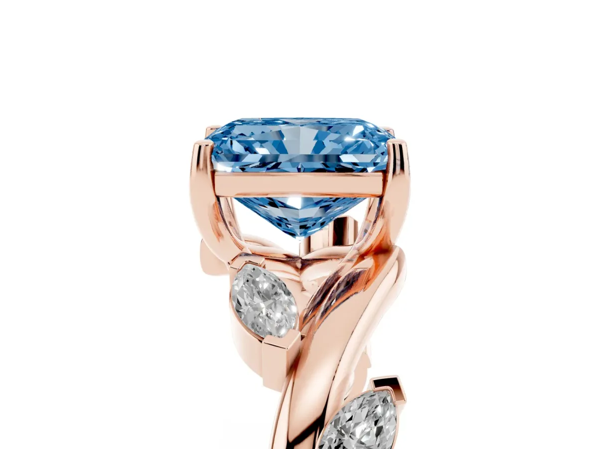 Fancy Blue Radiant Cut Solitaire Twisted Band Marquise Accent Prong Setting Ring Rose gold