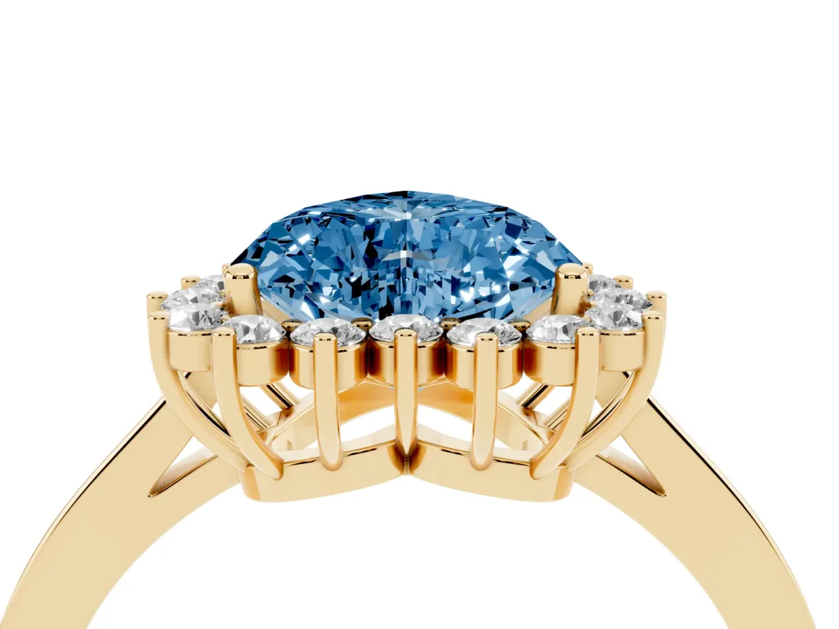 Fancy Blue Heart Cut Cut Diamond Halo Ring with Round Brilliant Halo and Solitaire Band Yellow gold