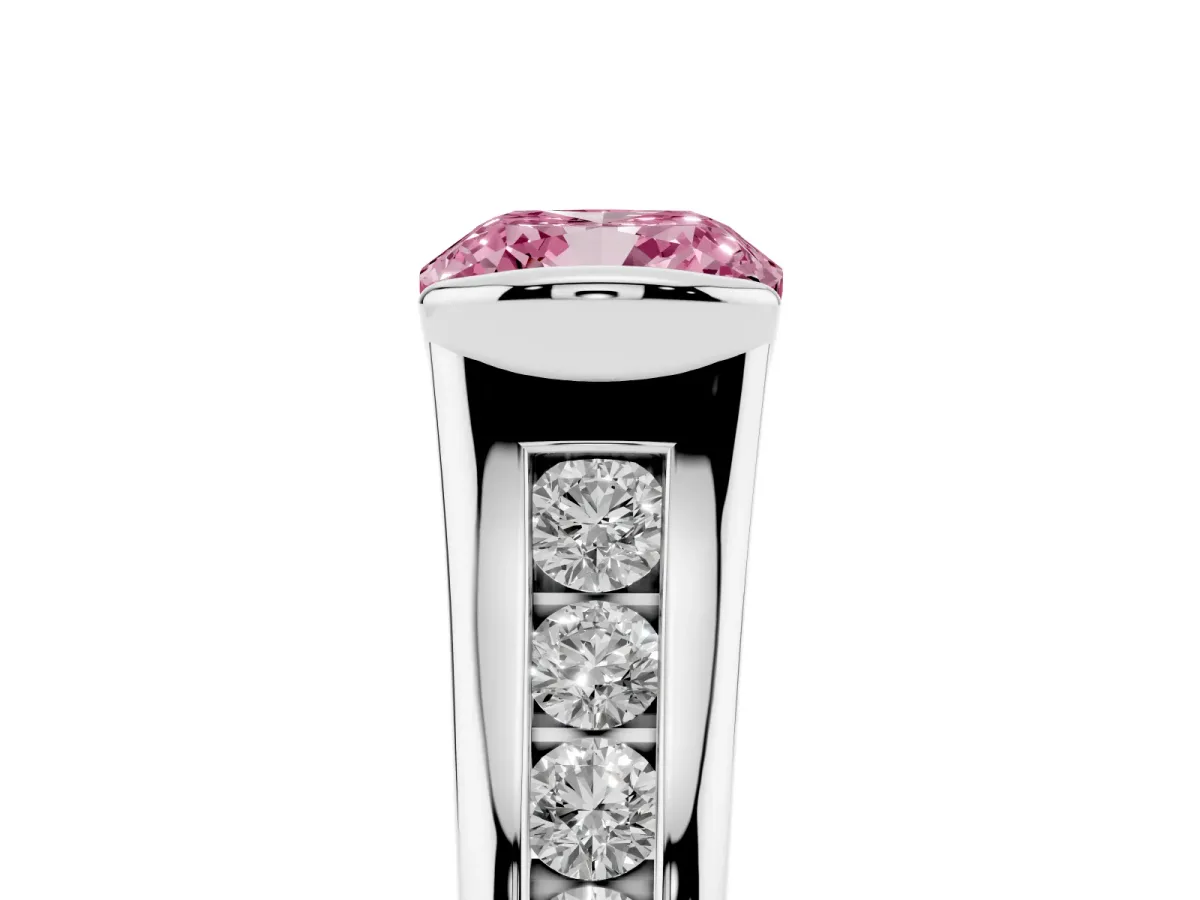 Fancy Pink Cushion Cut Solitaire Bezel-Set Diamond Ring with Channel-Set Band Silver
