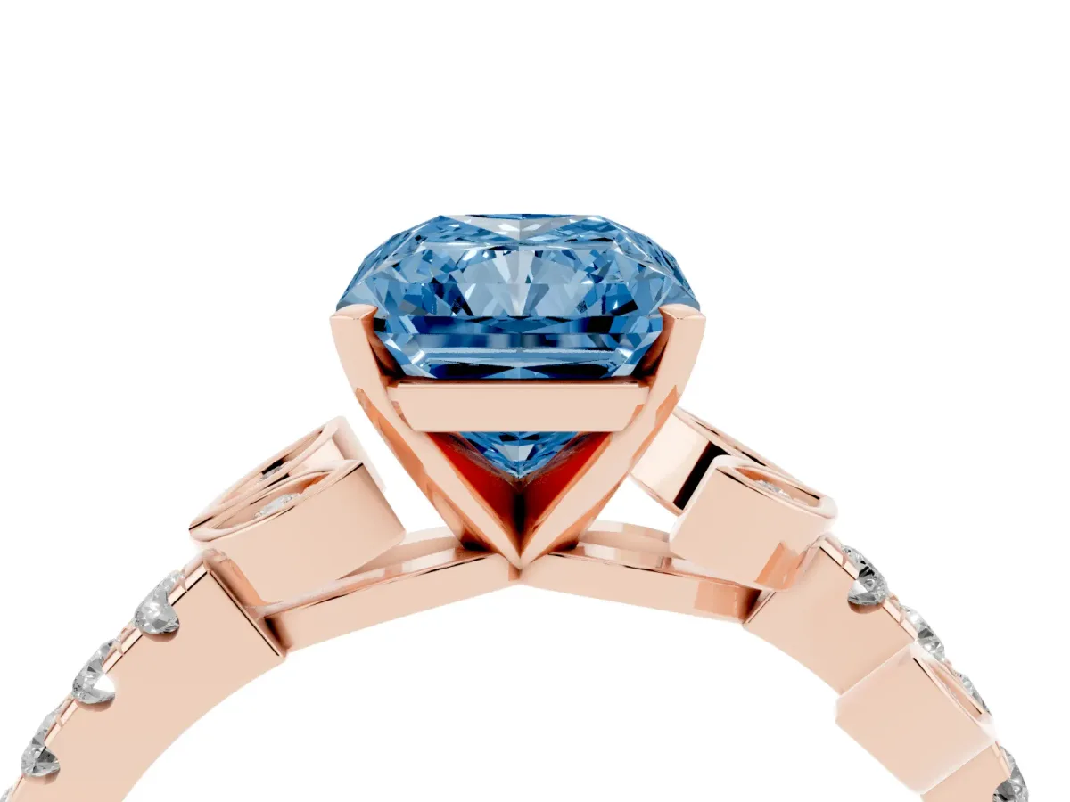Fancy Blue Radiant Cut Solitaire Leaf-Inspired Diamond Ring with Pavé Band and Four-Prong Setting Rose gold