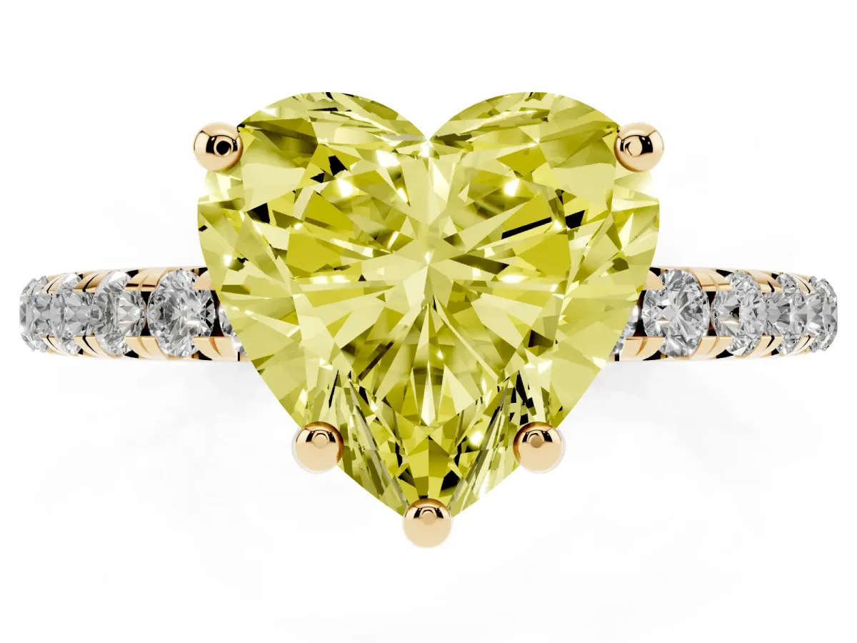 Fancy Yellow Heart Cut Cut Diamond Solitaire Ring with Micro Pave Band and Four Prong Setting Yellow gold