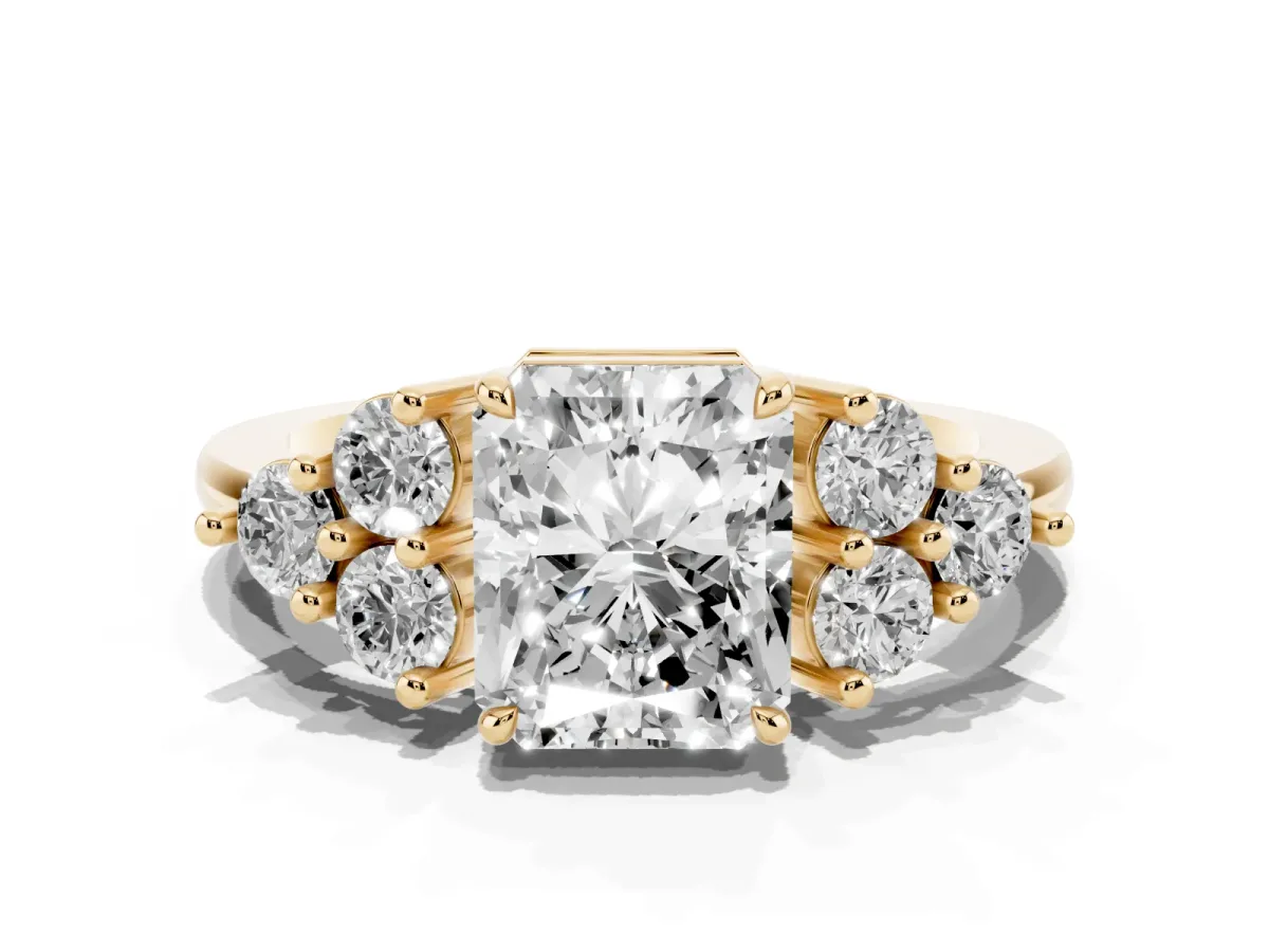 Radiant Cut Brilliant Diamond Cluster Accent Solitaire Ring with Prong Setting Yellow gold