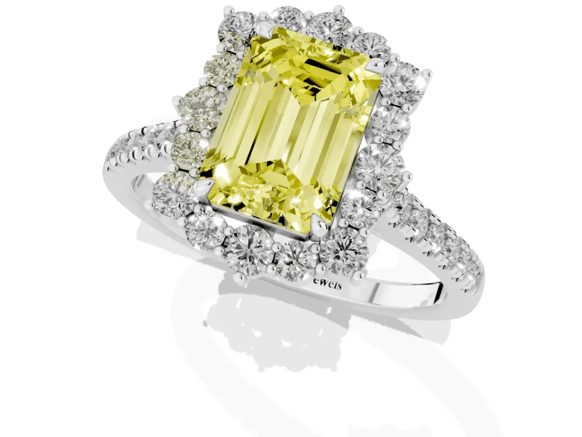 Fancy Yellow Emerald Cut Halo Diamond Ring with Pavé Band and Prong Setting Silver