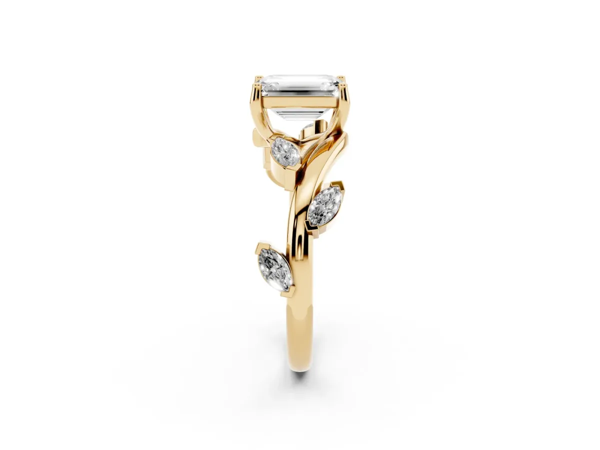 Emerald Cut Solitaire Twisted Band Marquise Accent Prong Setting Ring Yellow gold