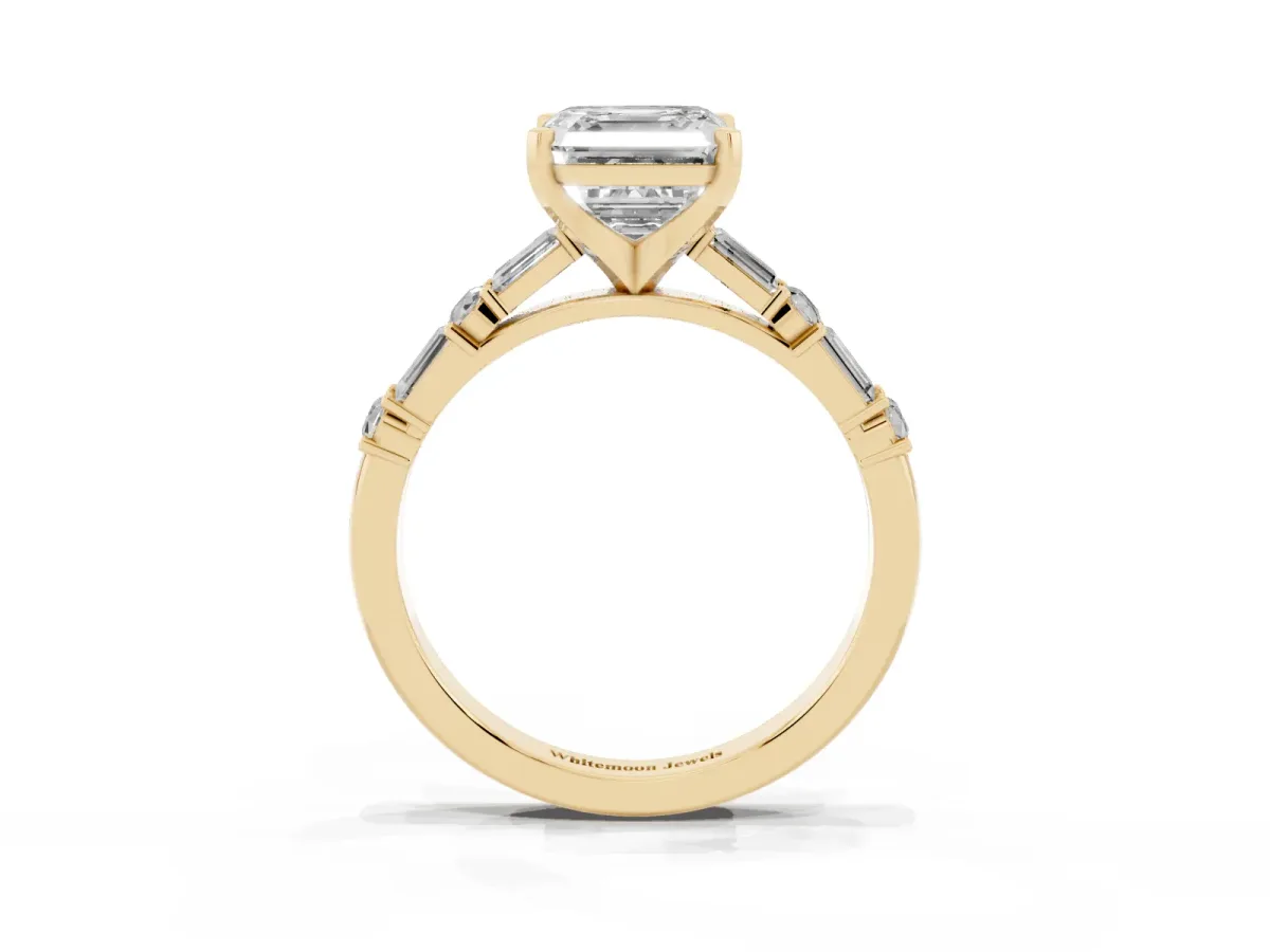 Asscher Cut Diamond Solitaire with Side Baguettes and Channel Set Band Yellow gold