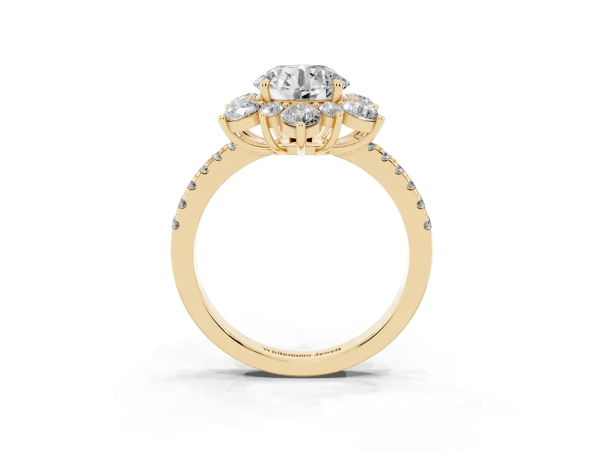 Round Cut Diamond Floral Halo Ring with Round Pavé Band and Prong Setting Yellow gold
