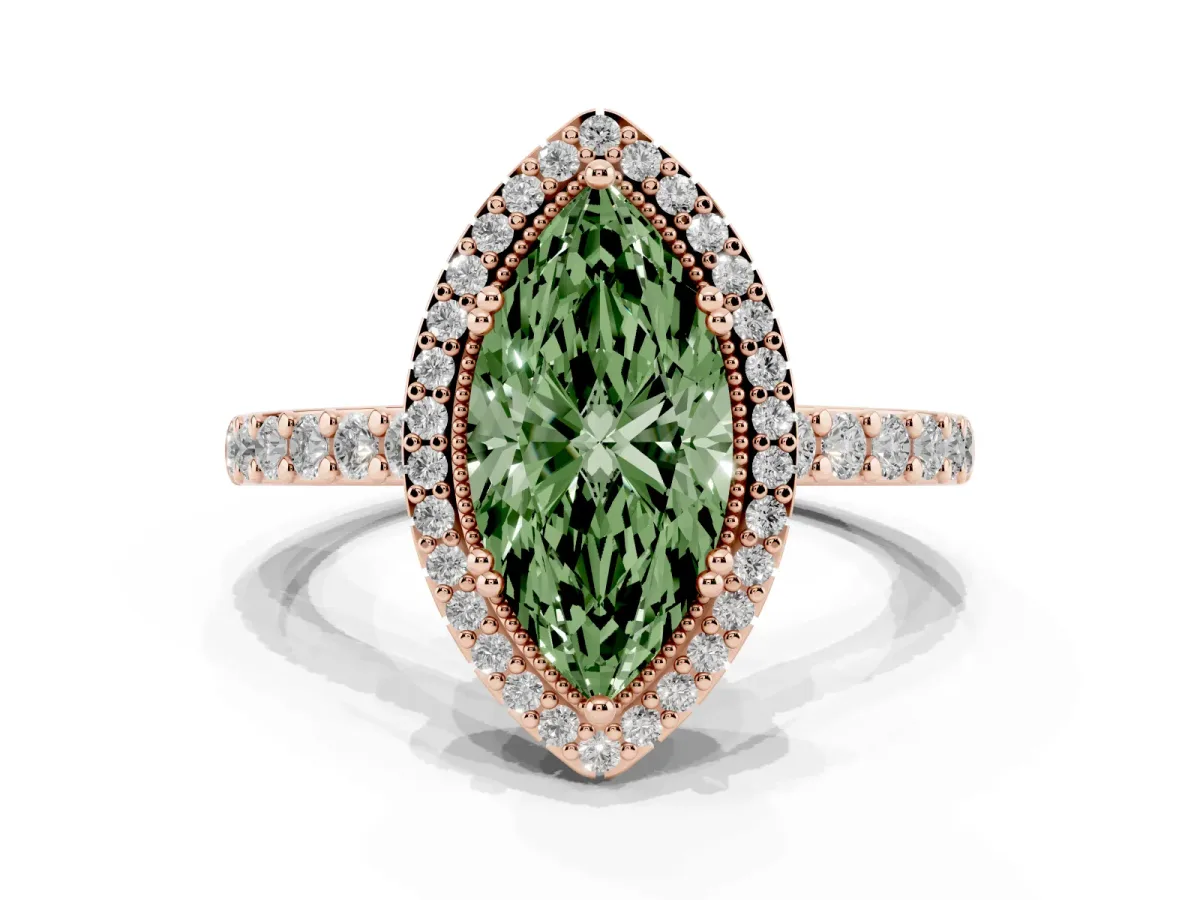 Fancy Green Marquise Cut Cut Diamond Halo Engagement Ring with Milgrain Detail and Pavé Band Rose gold