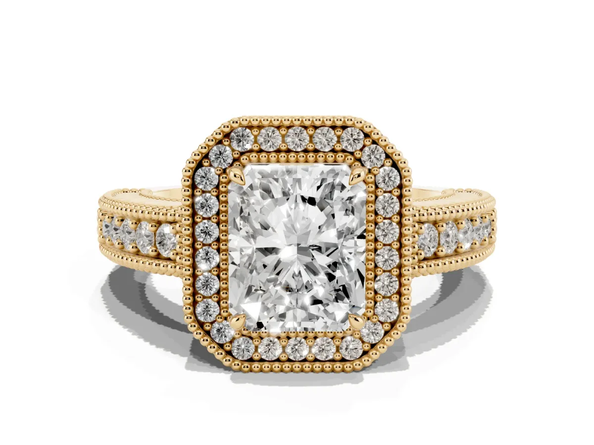 Radiant Cut Cut Halo Diamond Ring with Pavé Band and Four-Prong Setting Yellow gold