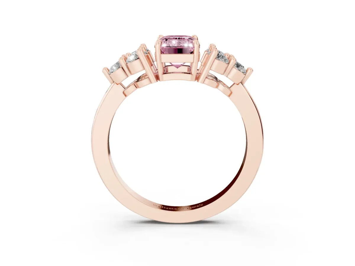 Fancy Pink Emerald Cut Brilliant Diamond Cluster Accent Solitaire Ring with Prong Setting Rose gold