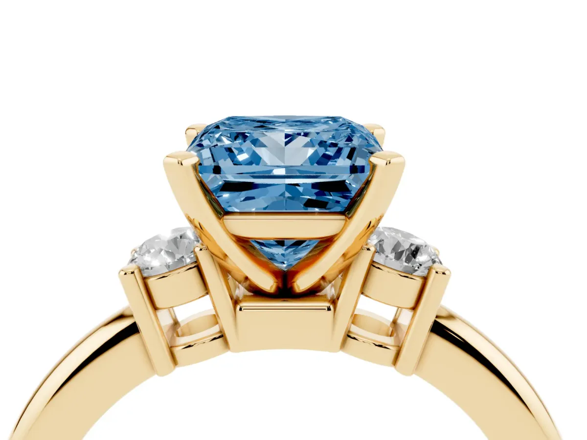 Fancy Blue Three-Stone Princess Cut Cut Diamond Solitaire with Prong Setting and Classic Band Yellow gold