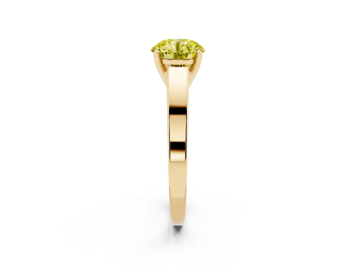 Fancy Yellow Round Cut Solitaire Engagement Ring with Four-Prong Setting and Tapered Band Yellow gold