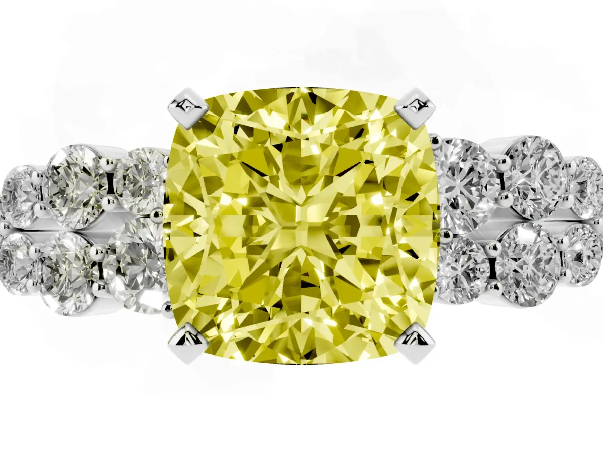 Fancy Yellow Cushion Cut Cluster Diamond Engagement Ring with Pavé Band and Four-Prong Setting Silver