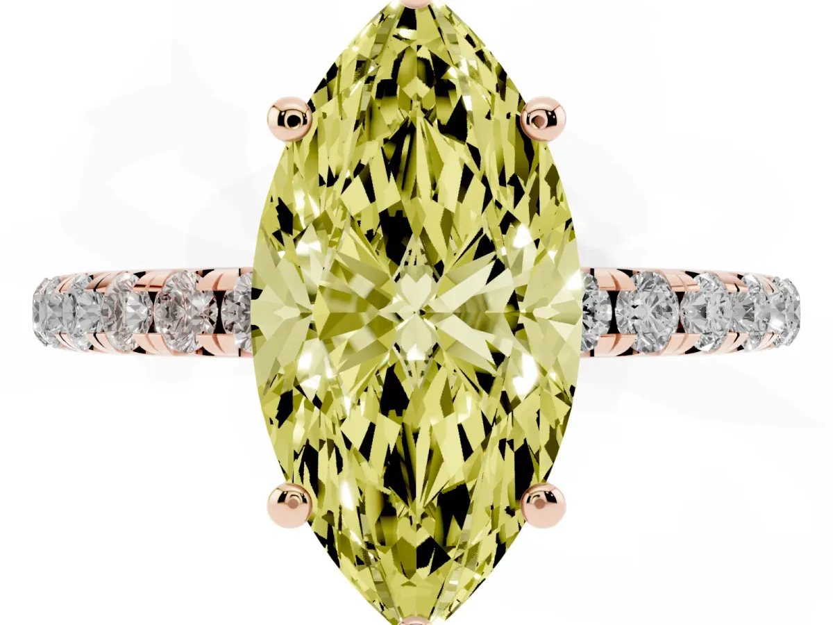 Fancy Yellow Marquise Cut Cut Diamond Solitaire Ring with Micro Pave Band and Four Prong Setting Rose gold