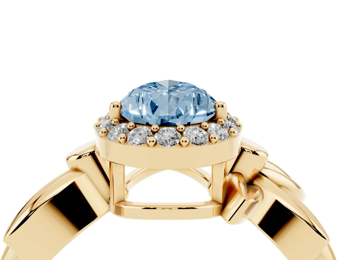 Fancy Blue Pear Cut Halo Diamond Floral Band with Four-Prong Setting Yellow gold