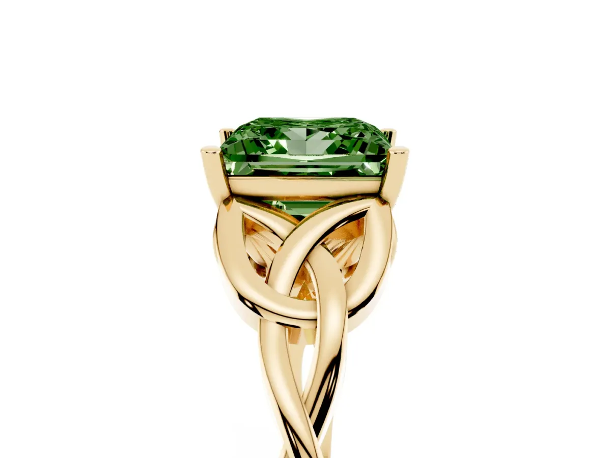 Fancy Green Princess Cut Diamond Solitaire Engagement Ring with Celtic Knot Band and Four-Prong Setting Yellow gold