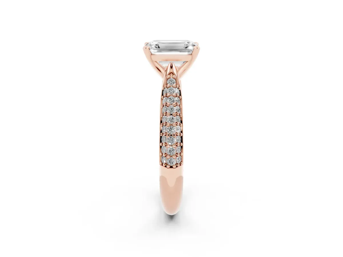 Emerald Cut Diamond Solitaire Engagement Ring with Multi-Row Round Pavé Band and Prong Setting Rose gold