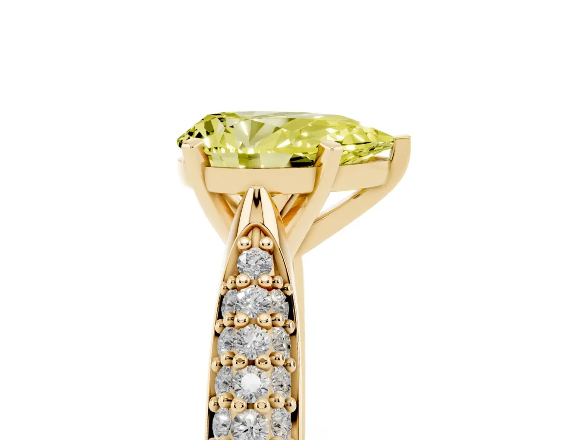 Fancy Yellow Pear Cut Diamond Solitaire Engagement Ring with Multi-Row Round Pavé Band and Prong Setting Yellow gold