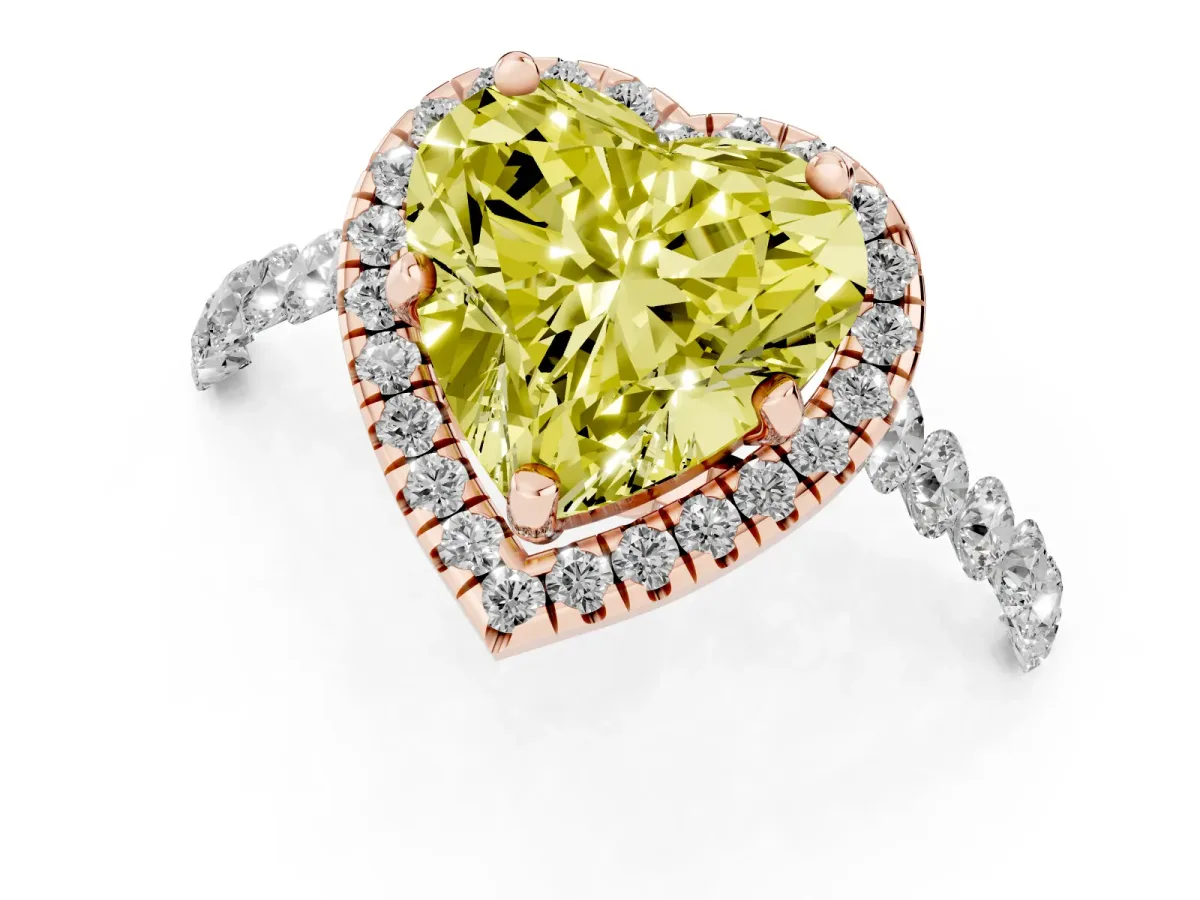 Fancy Yellow Heart Cut Halo Pavé Diamond Engagement Ring with Four-Prong Setting Rose gold