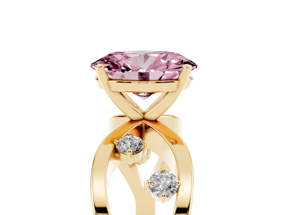 Fancy Pink Oval Cut Cut Solitaire Diamond with Side Stones on Criss-Cross Band and Four-Prong Setting Yellow gold