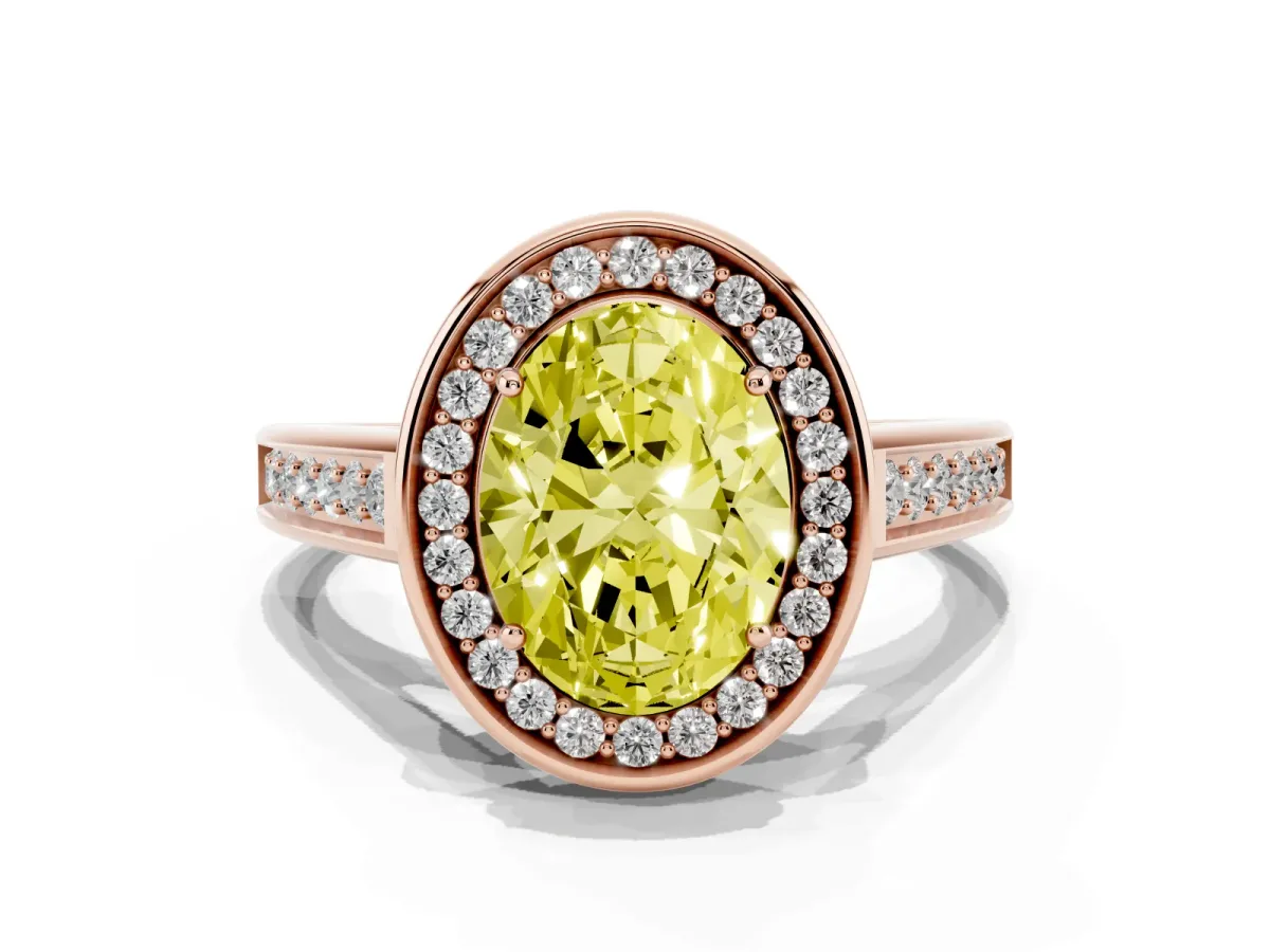 Fancy Yellow Oval Cut Halo Solitaire Diamond Ring with Pave Band and Bezel Setting Rose gold