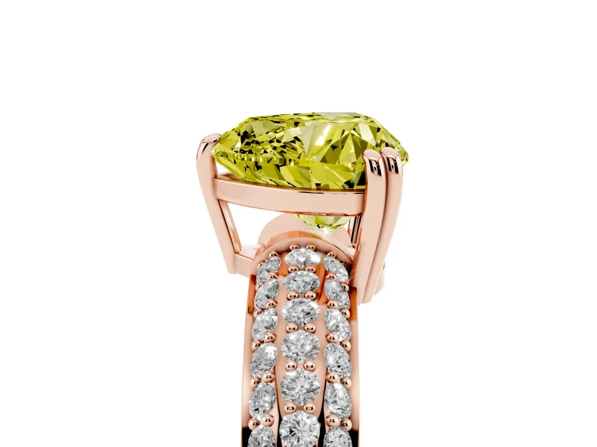 Fancy Yellow Heart Cut Diamond Solitaire Ring with Multi-Row Round Pavé Band and Prong Setting Rose gold