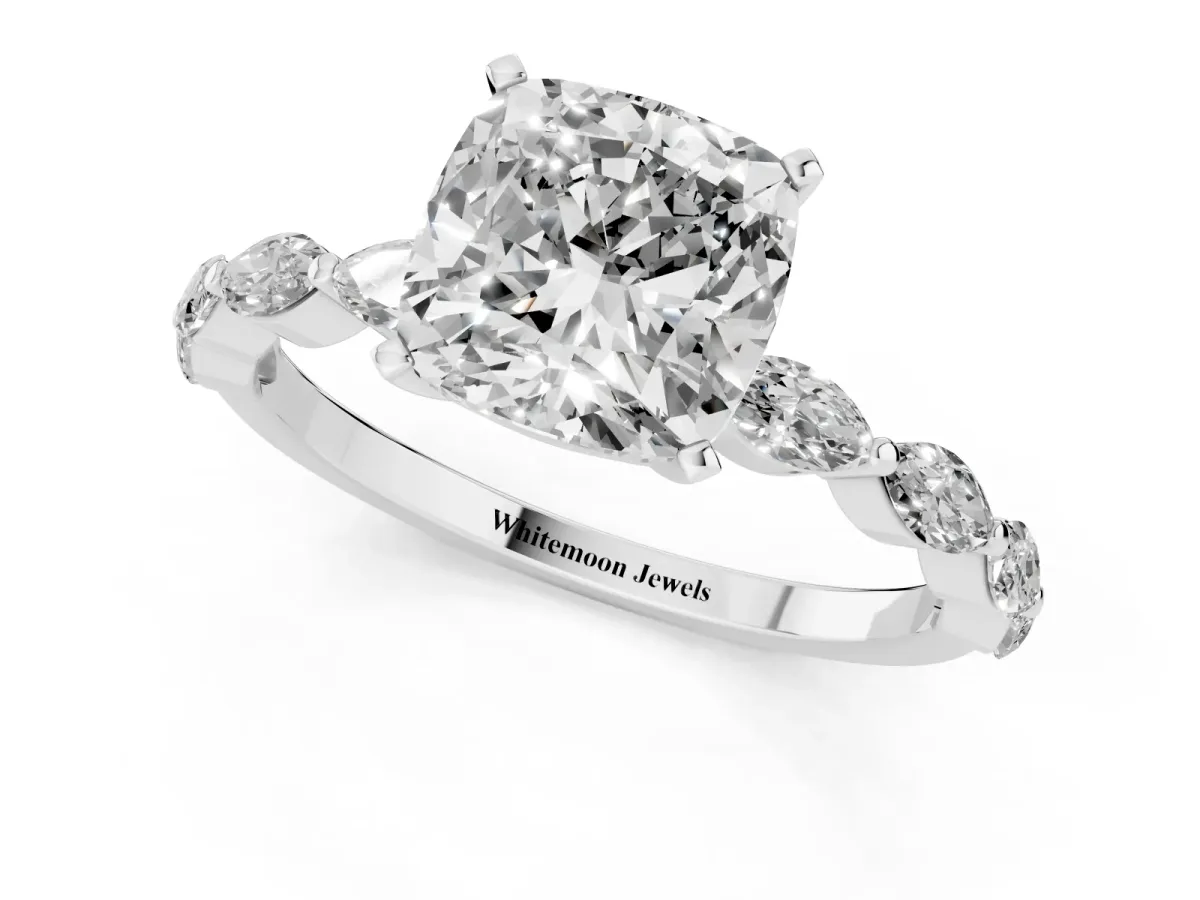 Cushion Cut Diamond Ring with Marquise Side Stones and Prong Setting Silver