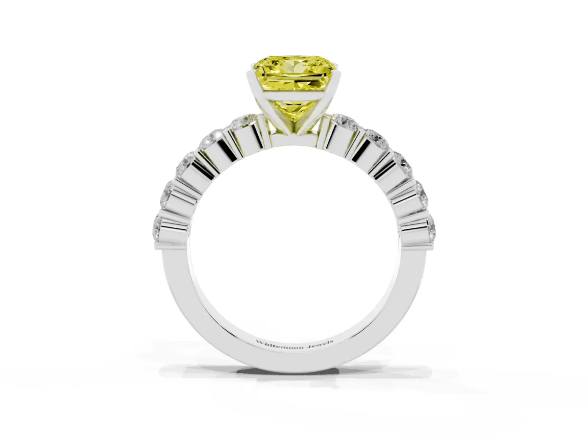 Fancy Yellow Princess Cut Diamond Solitaire Ring with Shared Prong Round Side Stones Platinum