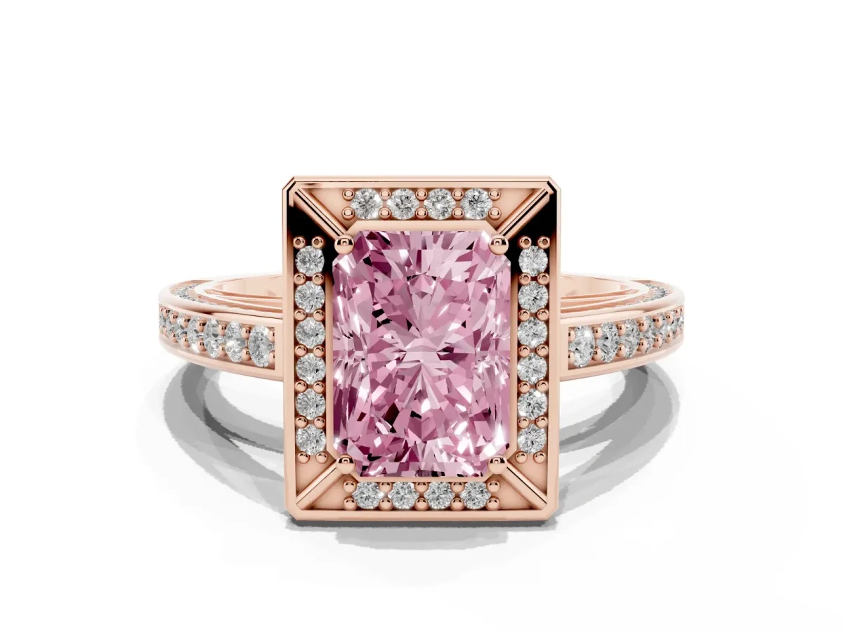 Fancy Pink Radiant Cut Cut Halo Pave Split Shank Prong Setting Ring Rose gold