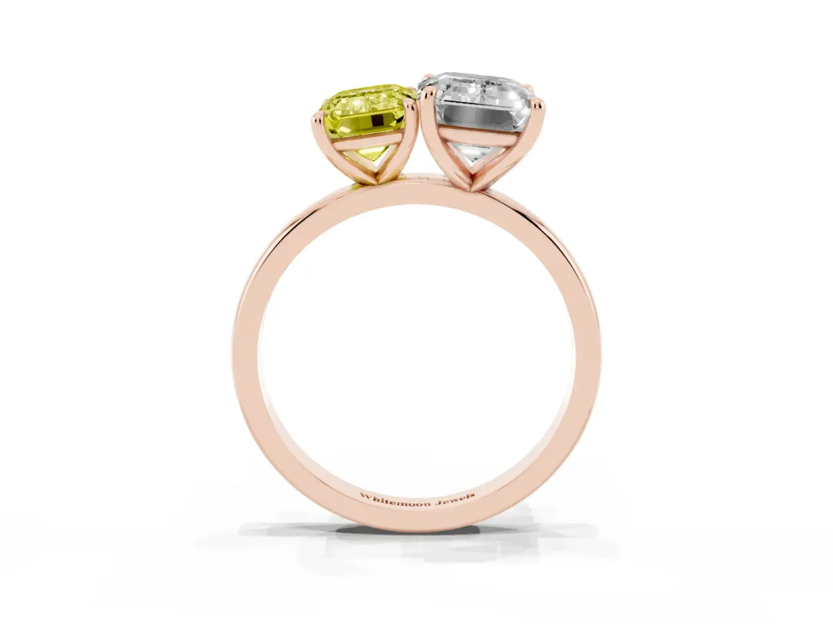 Fancy Yellow Emerald Cut and Emerald Cut Toi Moi Ring with Prong Setting Rose gold